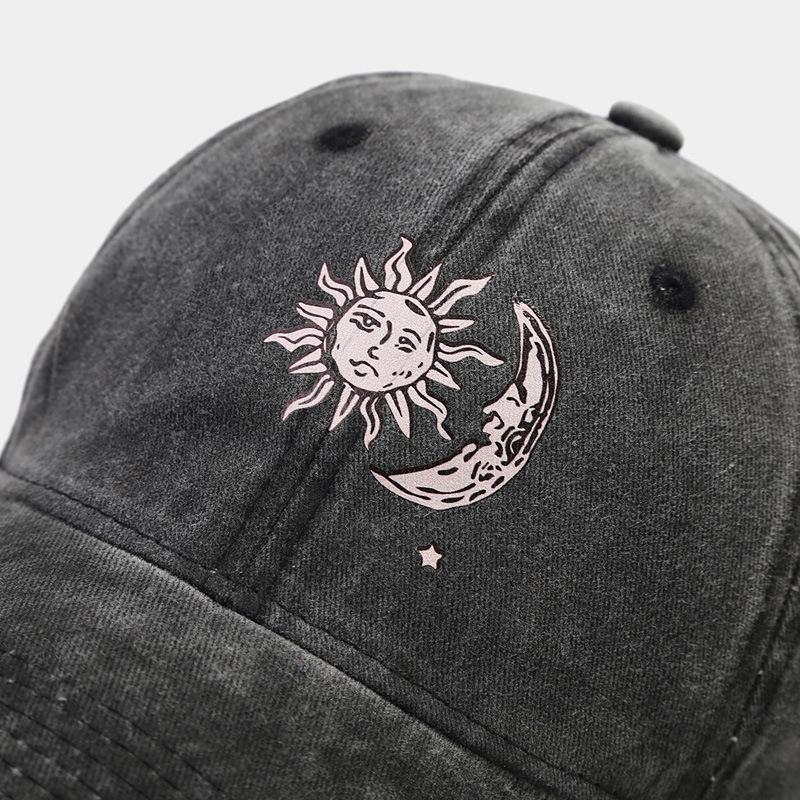 Neue Wärmeübertragung Sonne und Mond Muster weiches Oberteil Baseballkappe Paar Europäische und Amerikanische gewaschene Retro-Kappe