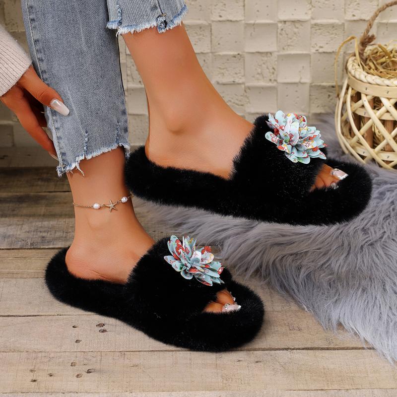 Fashion Fashion Flower Decoration Faux Fur Slides Women 2025 Autumn Round Toe Low Heel Slippers Soft Sole Short Plush Outdoor Slippers