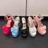 Bright Patent Leather Material, Cute Bow Tie Peep Toe Shoes Super High Thick Heels Hollowed Out Platform Sweet Women's Sandals