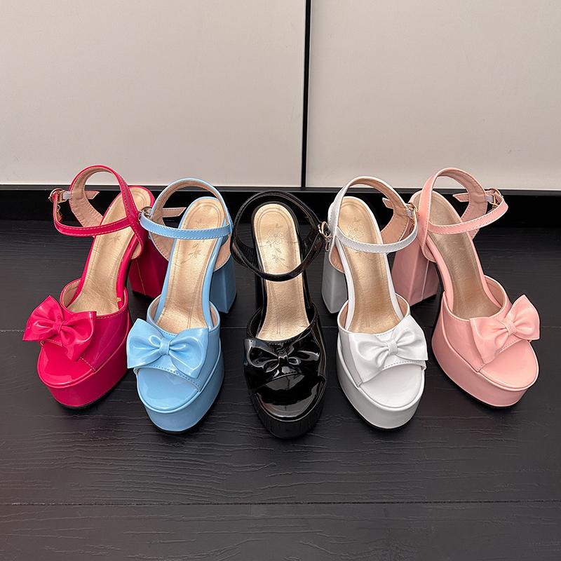 Bright Patent Leather Material, Cute Bow Tie Peep Toe Shoes Super High Thick Heels Hollowed Out Platform Sweet Women's Sandals