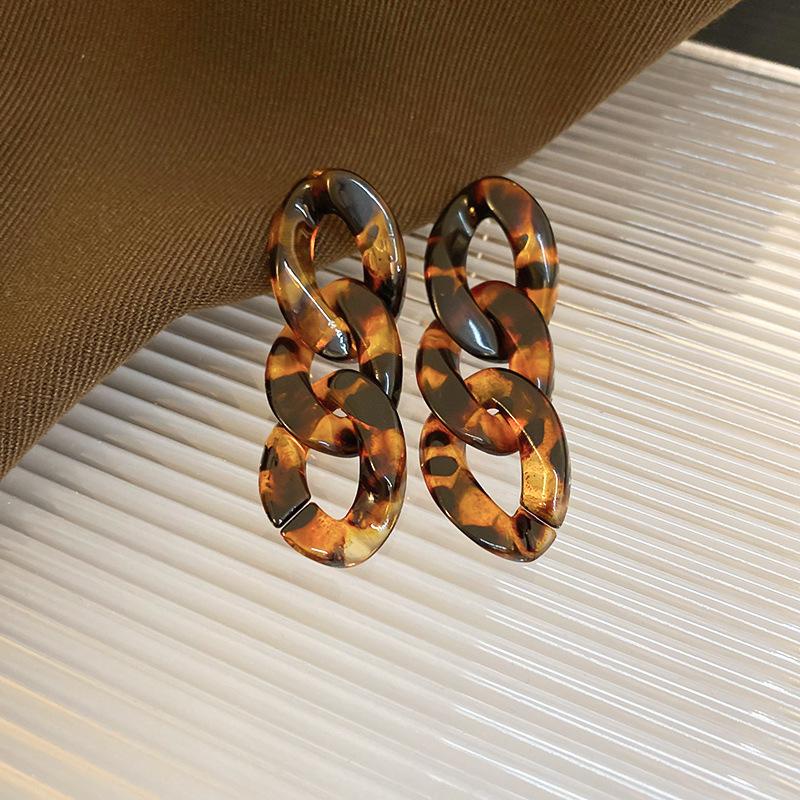 Silver Needle Resin Leather Leopard Geometric Flower Stud Earrings – High-End Autumn/Winter Fashion for Women