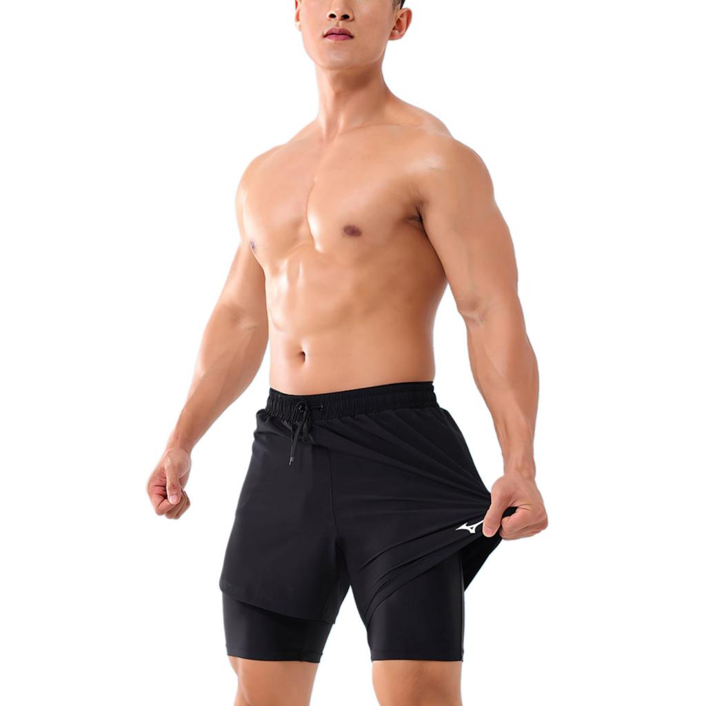 Mizuno Mens Comfortable Double-Layer Beach Swim Shorts Men swimwear Black N2CB3116