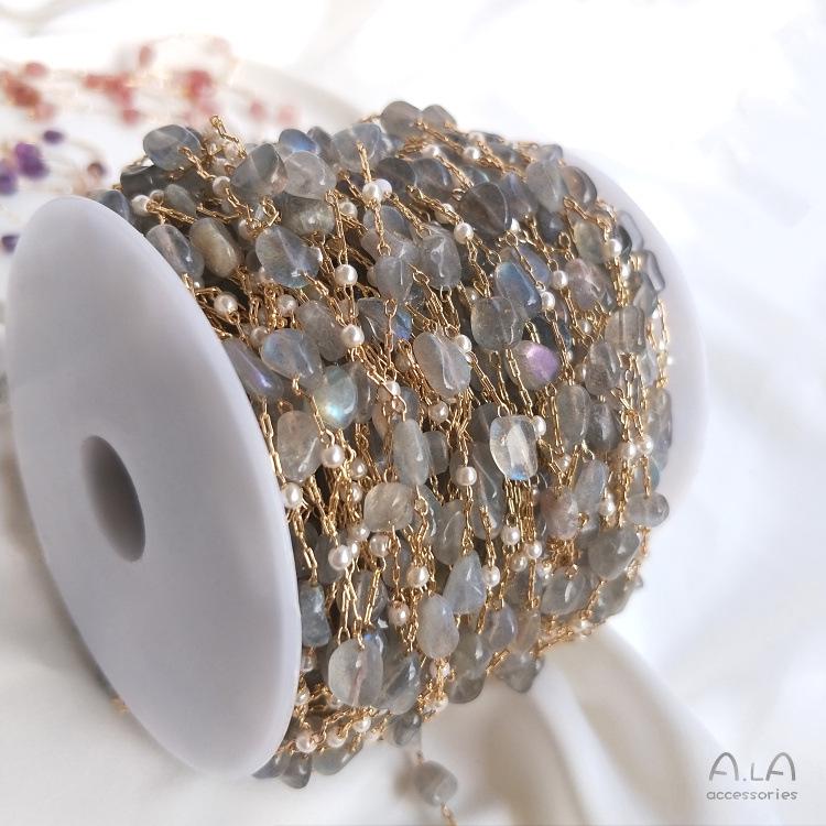 14K Gold-filled Color-preserving Handmade Korean Chain with Strawberry Quartz, Labradorite, and Amethyst Rectangular Beads for DIY Bracelets