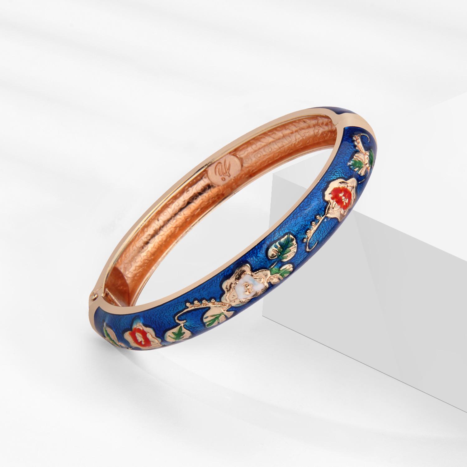 Daili Fashion Cloisonné Retro Chinese Blue Floral Open Bracelet