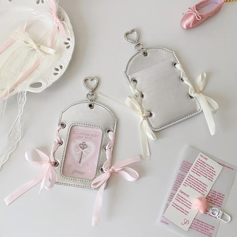 Silver Ballet Style Ribbon Keychain Credit Card Holder Women ID Card Holder Girl Idol Photocard Holder Student Bus Card Case