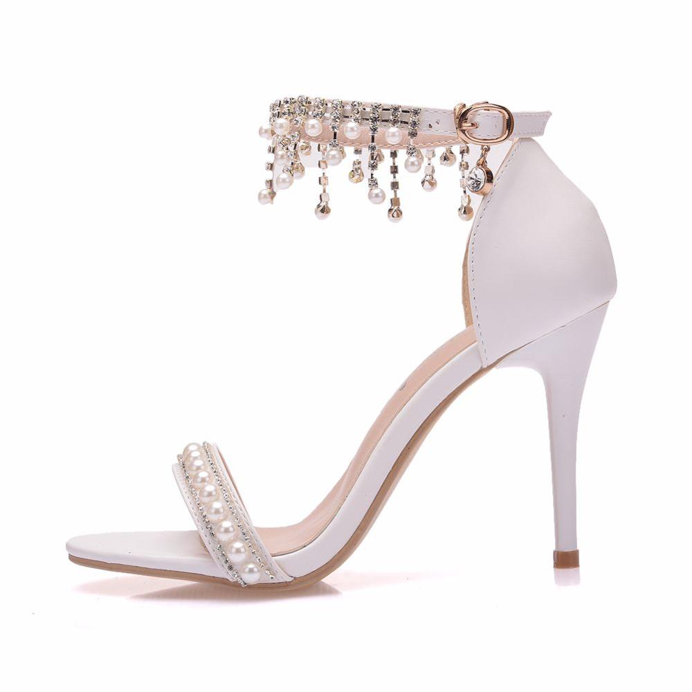 Crystal Queen Sweet White Sexy Dress Wedding Shoes Women Lacing Ankle Strap Peep Toe High Heel Sandals 9cm Pumps