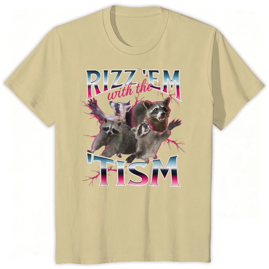 Unisexs Tshirt Rizz Em With The Tism Autism Racoon Print Tees Tops Retro Meme Print Clothes Funny Raccoon Meme Short Sleeve Tee