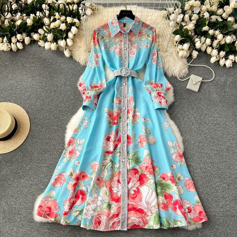 Jednořadé košilové šaty pro ženy Jaro Podzim Potisk Vintage Móda Elegantní Palácový Styl Dlouhé Šaty