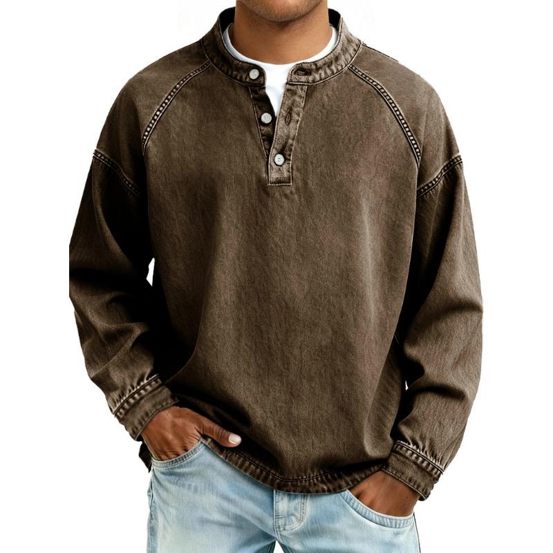 Men S Vintage Washed Stand Collar Long Sleeve Loose Solid Color Sweatshirt