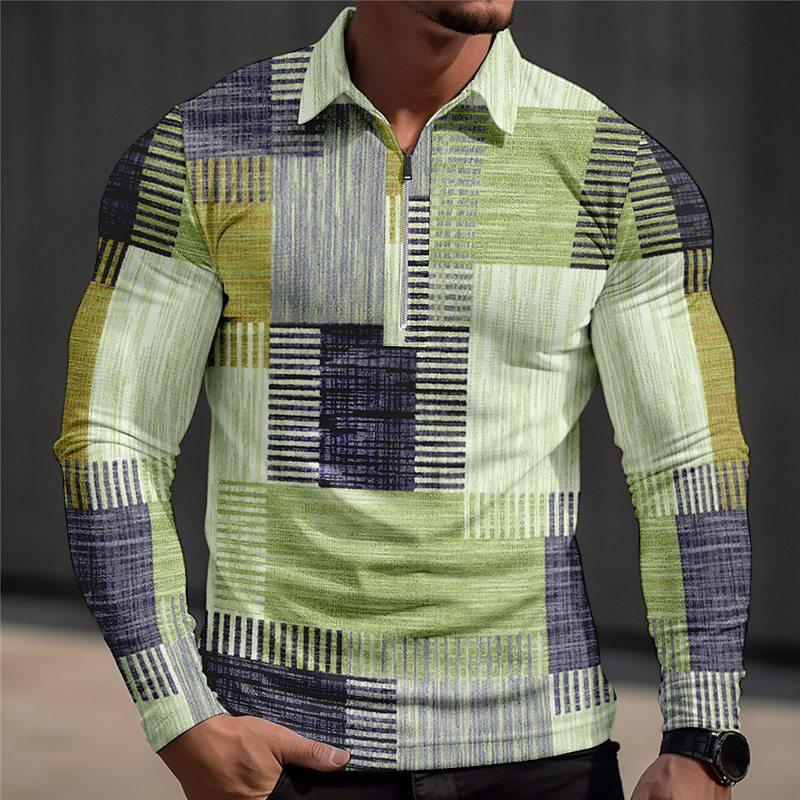 Stylish Men's Long Sleeve Polo Shirt with Plaid Trim, Casual Daily Wear Top