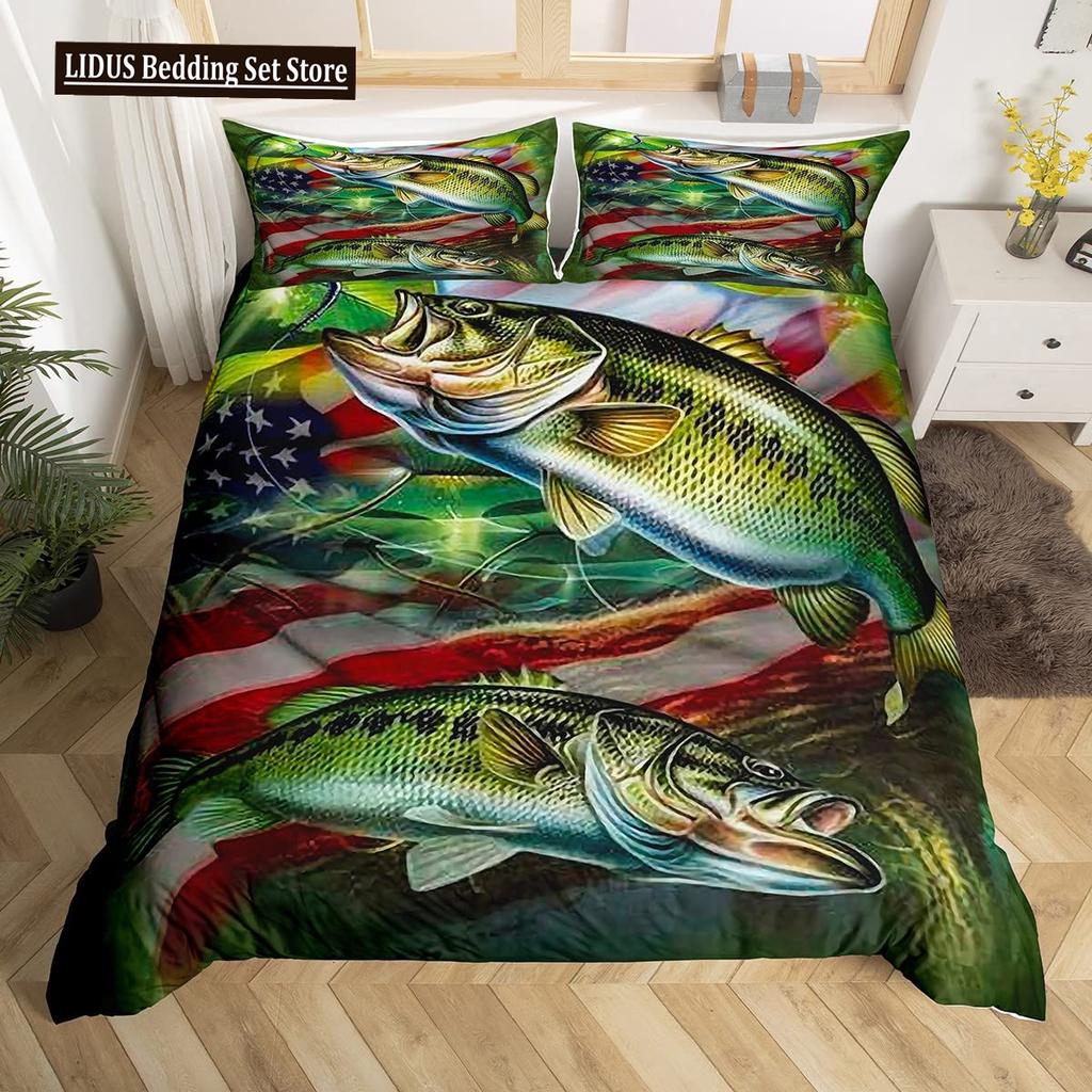 Pike Fish Bedding Striped Bass Big Pattern Hunting And Fishing Themed Duvet Cover For Kids Boys BedRoom Decorations For Teens