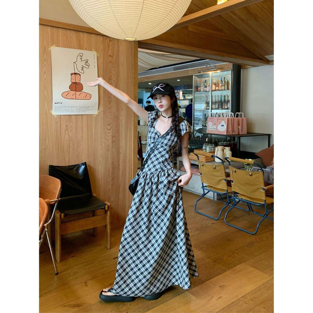 French Vintage Square Collar Puff Sleeve Gingham Dress With Polyester Fabric For Summer Women