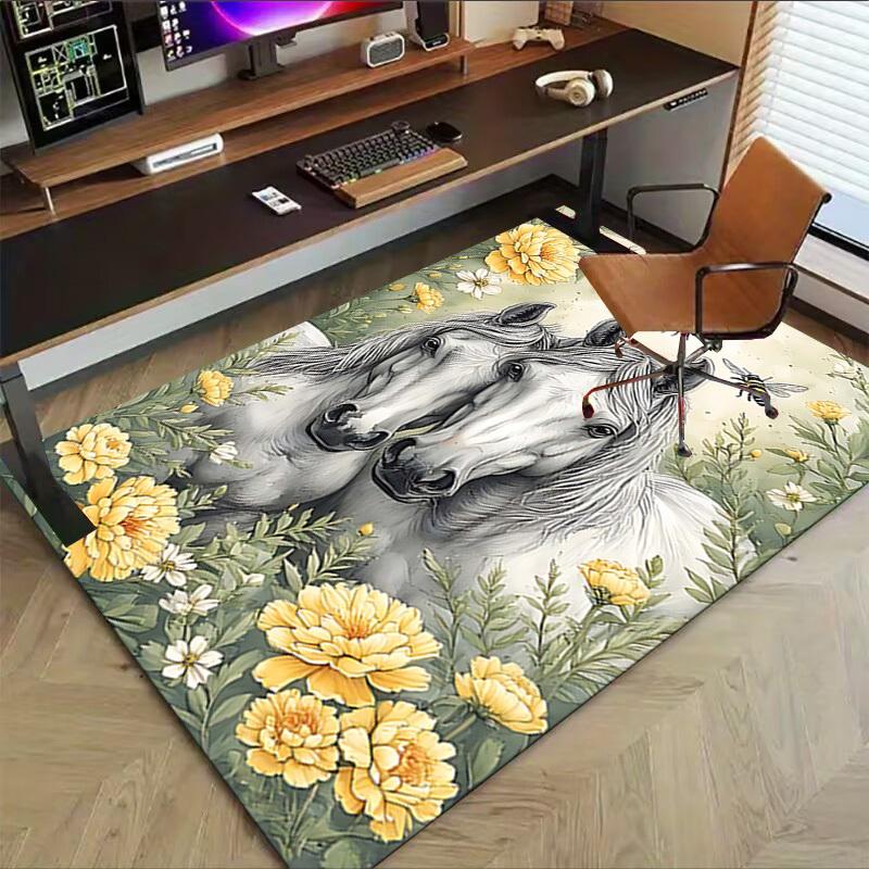 1PC Horses Flowers Non-Slip Floor Carpet Compatible for Office&Living Room&Dining room - Flat-Weave Machine- Soft & Pattern-E240