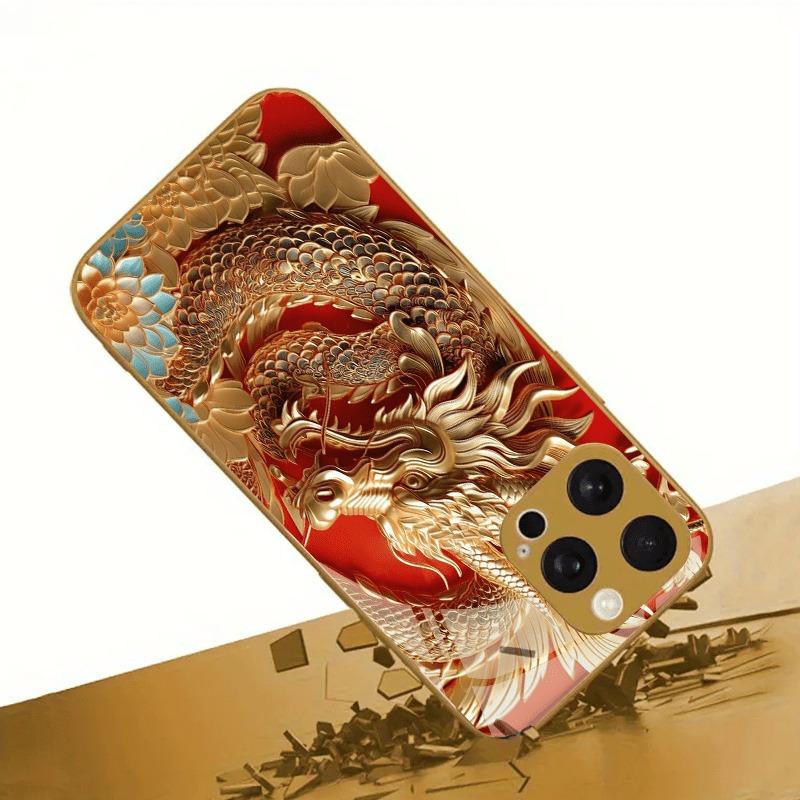 Gouden Draak Print Goud Metallic Verf Glazen Telefoonhoesje Voor iPhone 17 16 15 14 13 12 11 Pro Max 15 14 Plus 17 Air 16E Cover