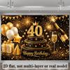 2D luxurious black gold 40th birthday background fabric with gold handwritten words "Happy Birthday"