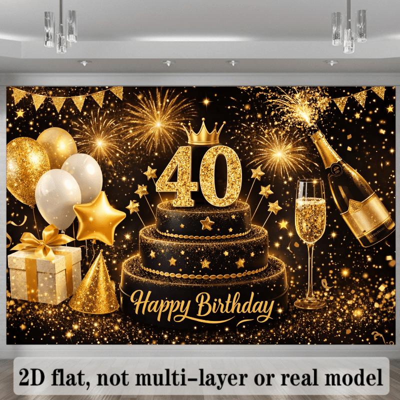 2D luxurious black gold 40th birthday background fabric with gold handwritten words "Happy Birthday"