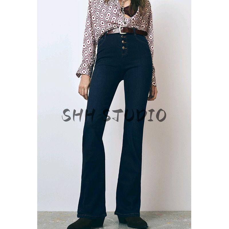 Women's Spring Clothing Leisure Washed-out Effect A- line Trousers High Waist Temperament Horn Denim 1416222