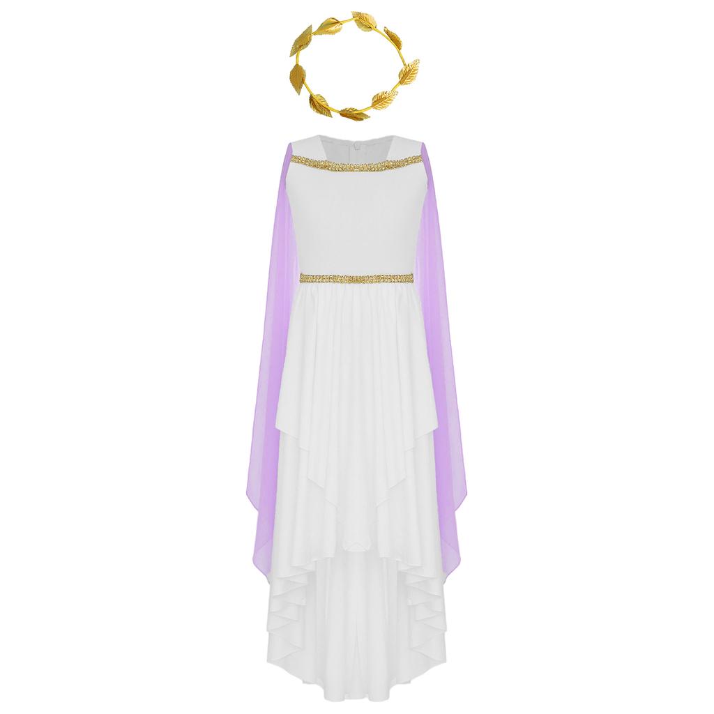 Dívčí řecká toga princezna Kostým Bez rukávů Splývavé šaty Patchwork Zip Halloweenská párty Čelenka v ceně