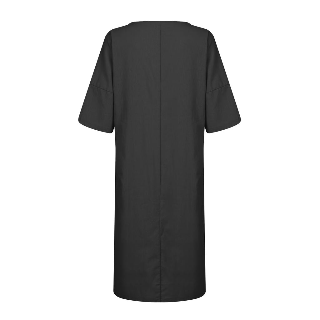 Women's Casual Color Mid-sleeve V-neck Pocket Cotton And Linen Dress
