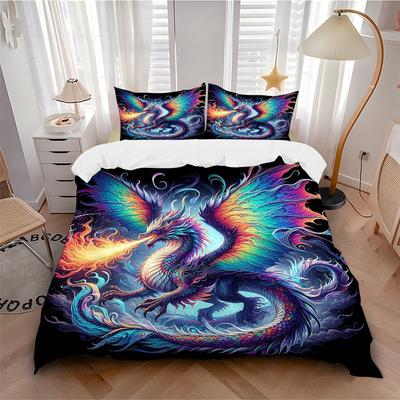 Juego de Ropa de Cama con Estampado de Dragón de Colores Vibrantes y Alas Majestuosas (3 Piezas) (Sin Inserciones), Adecuado para Uso en Dormitorios y Habitaciones de Huéspedes.J024