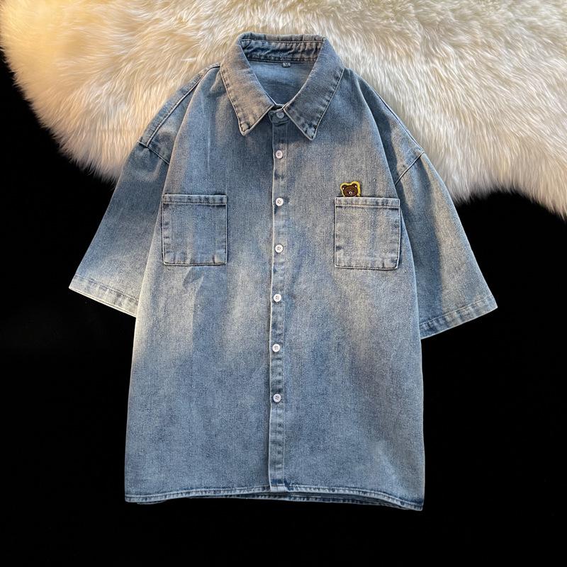 

Мужская рубашка свободного кроя из денима в стиле ретро с коротким рукавом, в гонконгском и корейском стиле, модная универсальная куртка с коротким рукавом на лето M