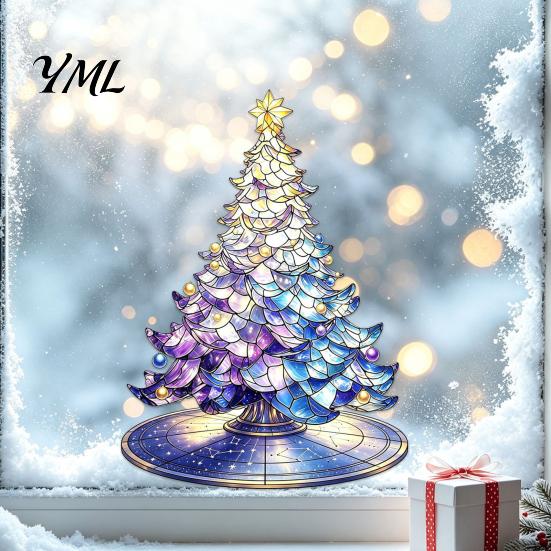 Indoor Outdoor Christmas Decorations Stained Glass Style Tree Static Window Cling, Gradient Starry Sky Colorful Wall Art Xmas Sticker, Reusable