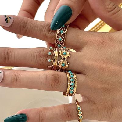 Stainless Steel Ring, Vacuum Plated 18K Gold Turquoise Flower Crown Open Bracelet