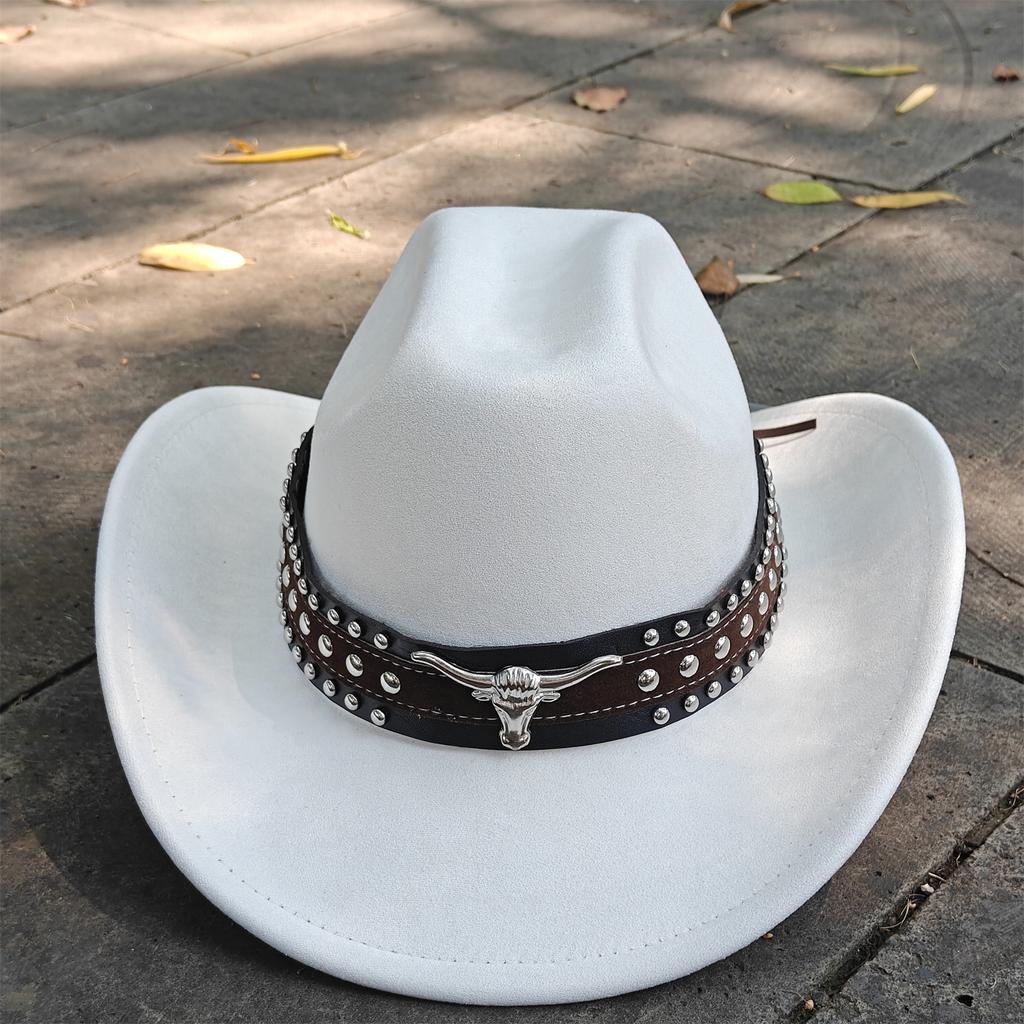 Retro Suede Leather Western Cowboy Fedora Hat For Men Women Bull Head Accessories Fashion Travel Party Hat Denim Hat Sombrero
