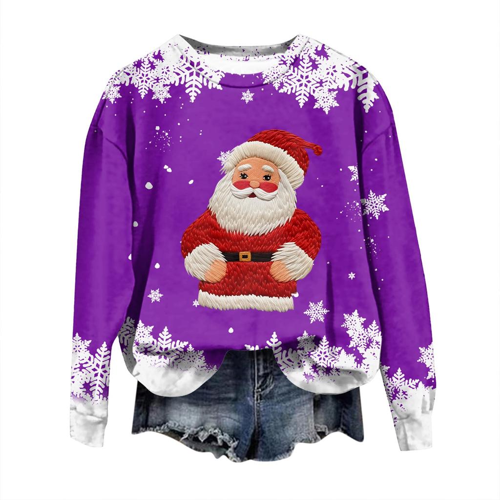 Damemote juletrykt langermet løs sweatshirt med rund hals