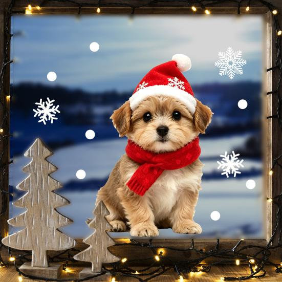 Durable Holiday Window Stickers Christmas Animal Static Clings, Cute Cat/Puppy/Racoon Stickers, PVC Winter Home Accents Waterproof Glass Sticker