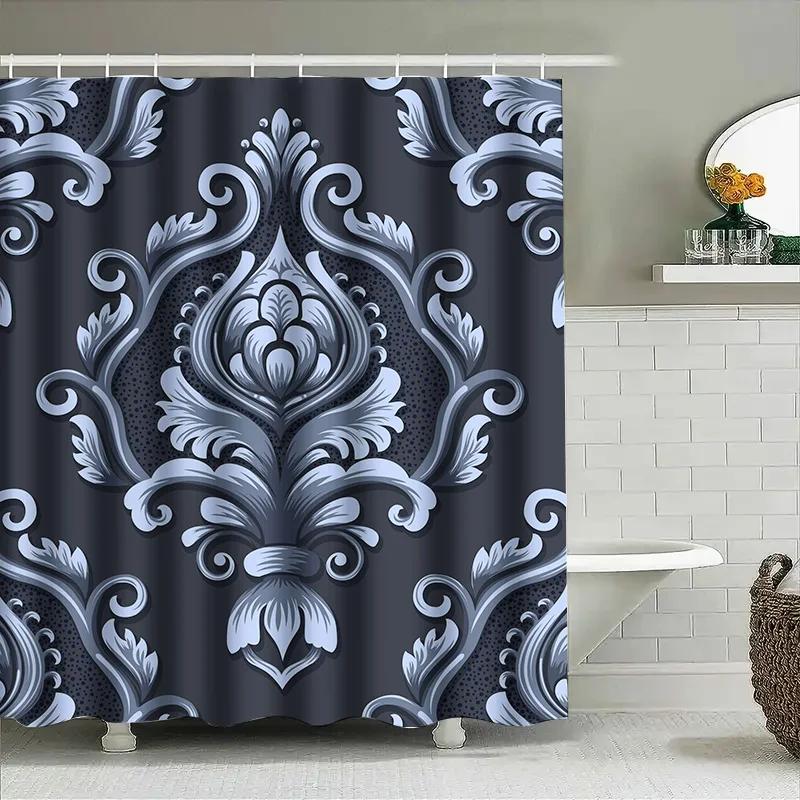 Luxury Damask Shower Curtain Waterproof Decorative Bathroom Accessories for Kids Bathrooms Floral Printed 6 Hooks Set in Blue