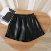 Kumikumi Design Women's PU Leather Wide-Leg Pants, High Waist, Elastic Waist, Autumn Style Slimming Shorts.