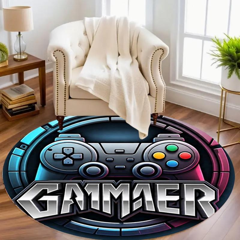 Cyber Style Game Controller Round Area Rug Neon Tech Pattern Non-Slip Floor Mat for Game Rooms Trendy Living Spaces 80X80CM