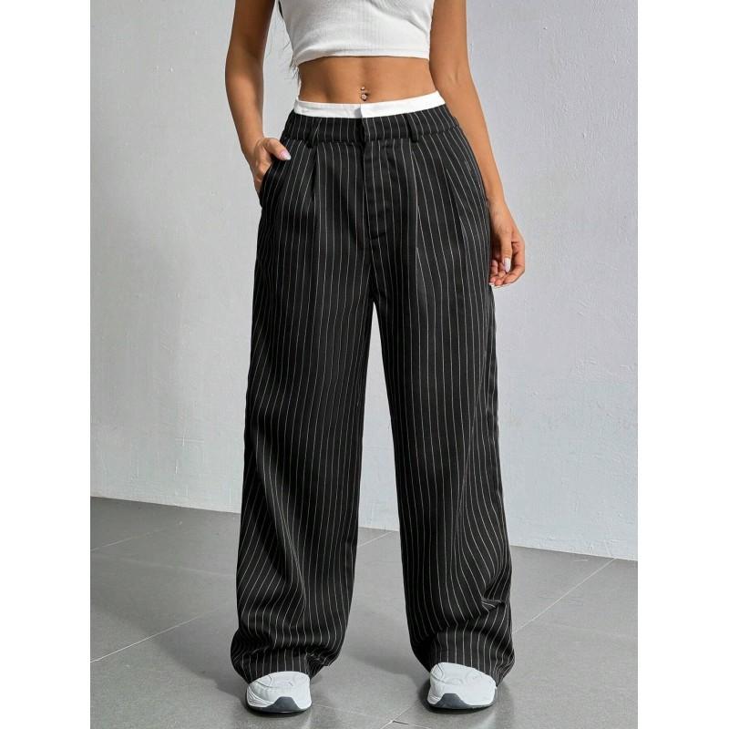 High-Waisted Wide-Leg Striped Trousers Women Office Chic Straight Cut Pants With Pockets Lightweight Stretch Fit