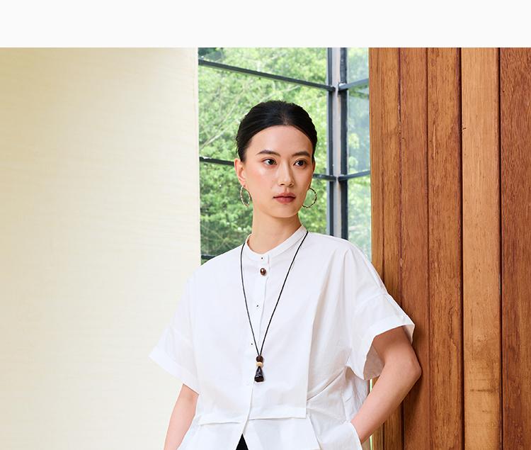 Cotton Stand-Up Collar Short-Sleeved Shirt for Women