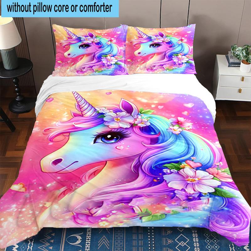 Magical Unicorn Fantasy 3pcs Bedding,Including 1pc Duvet Cover And 2pcs Pillowcases Perfect for Christmas,Ideal for Bedroom, Dormitory