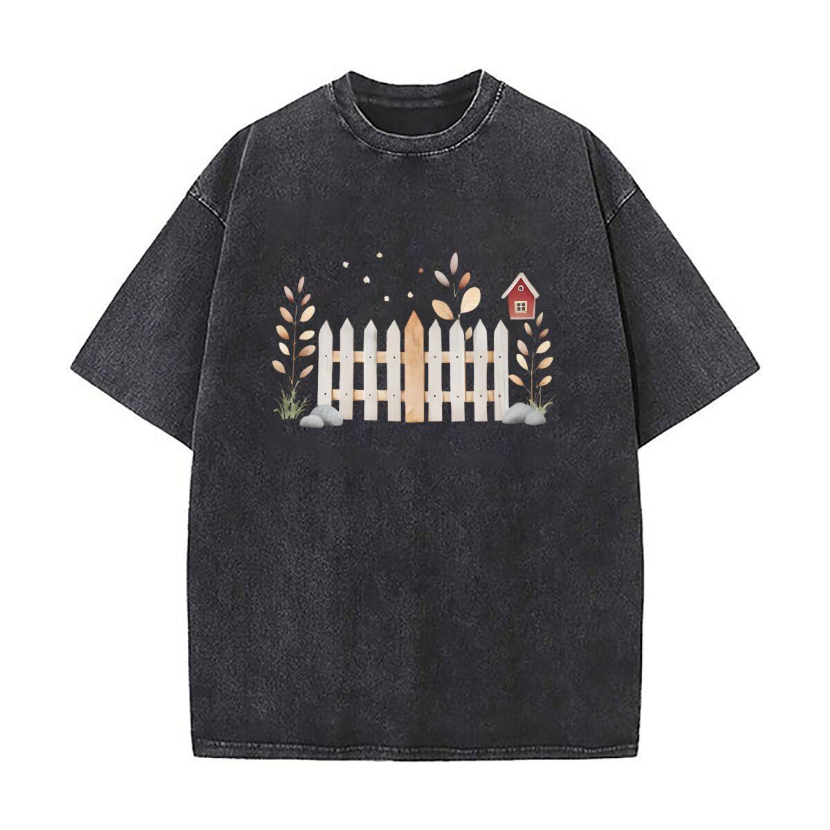 

Rustic Wooden Fence and Small House Mens Summer Tshirt Cotton Vintage Washed TShirts S