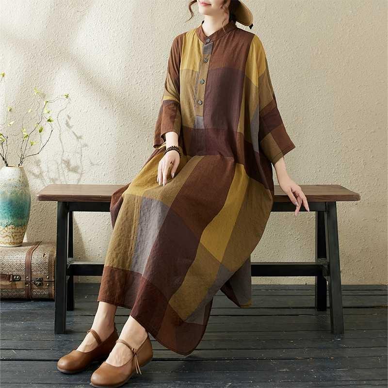 Summer New Temperament Literary Retro Printed Lapel Loose Large Size Vacation Dresses