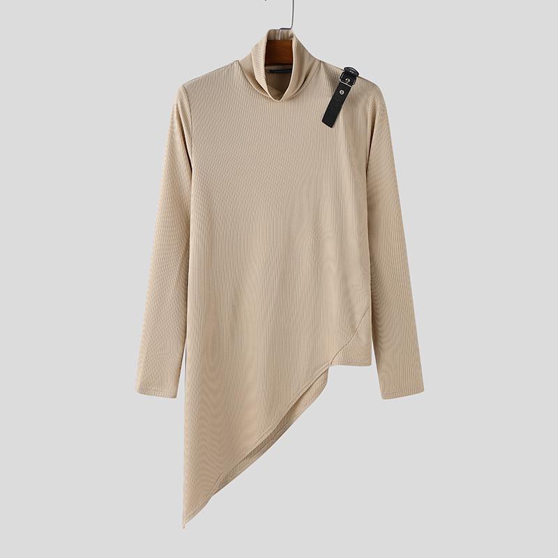 INCERUN Men's High Neck Patchwork Long Sleeve Splits Irregular Rib T-shirts Undershirts