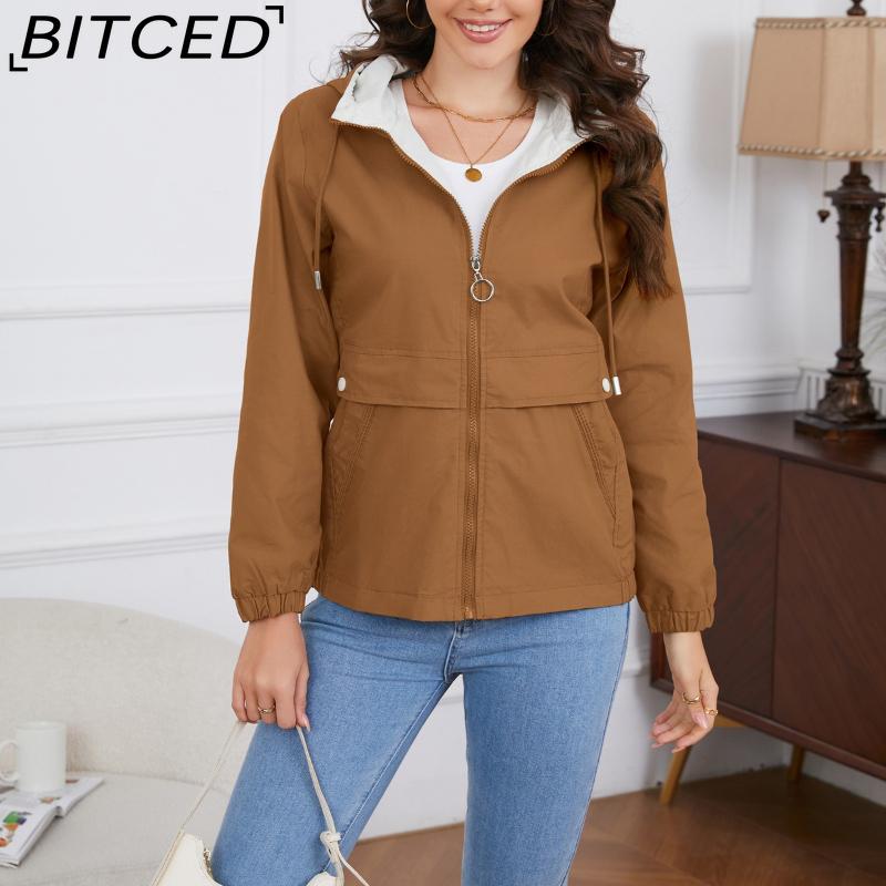 BITCED Hooded Solid-Colour Trench Coat for Women Long-Sleeved Spring/Autumn Lightweight Jacket Casual Style