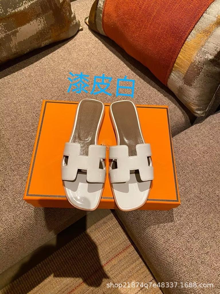 High Version Slippers Women's Summer Outer Wear New Versatile Leather One-word Drag H-shaped Flat Bottom Sandals