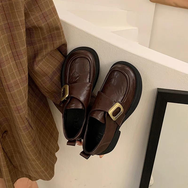Fashion Vintage Thick Soled Loafers Women Shoes 2025 Autumn New Mary Jane Coarse Heel Round Head Versatile Fashion British Leather Shoes