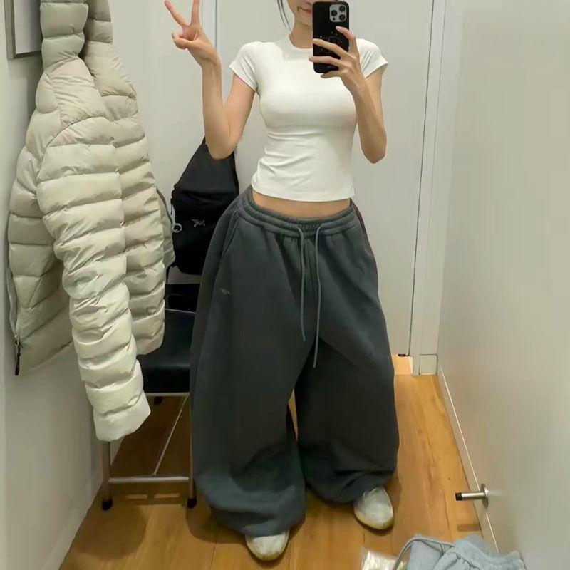VIONA Y2K Streetwear Grå Sweatpants Dam Koreanska Överdimensionerade Lösa Allt-Match Sportsbyxor Hög Midja Dragsko Avslappnade Vida Byxor