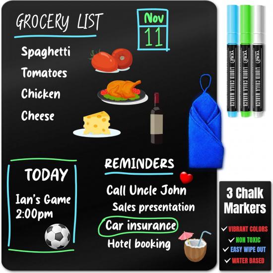 Magnetic Black Dry Erase Board for Fridge (12 x 8 inch), Stain-Resistant w/ 3 Magnetic, Fine-Tip Neon Chalk Markers & Eraser by Yes4Quality