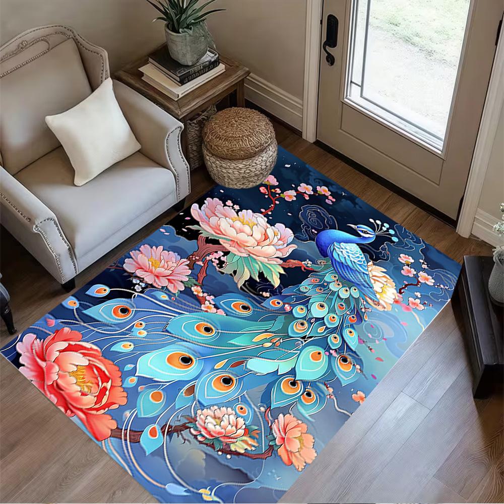 1pc Home Carpet Peacock and Flowers Non-Slip Design for Office Decor Living Room Bedroom Gift