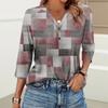 Damenmode Lässig Bedrucktes V-Ausschnitt Knopf Dreiviertelarm T-Shirt Raglanärmel Top