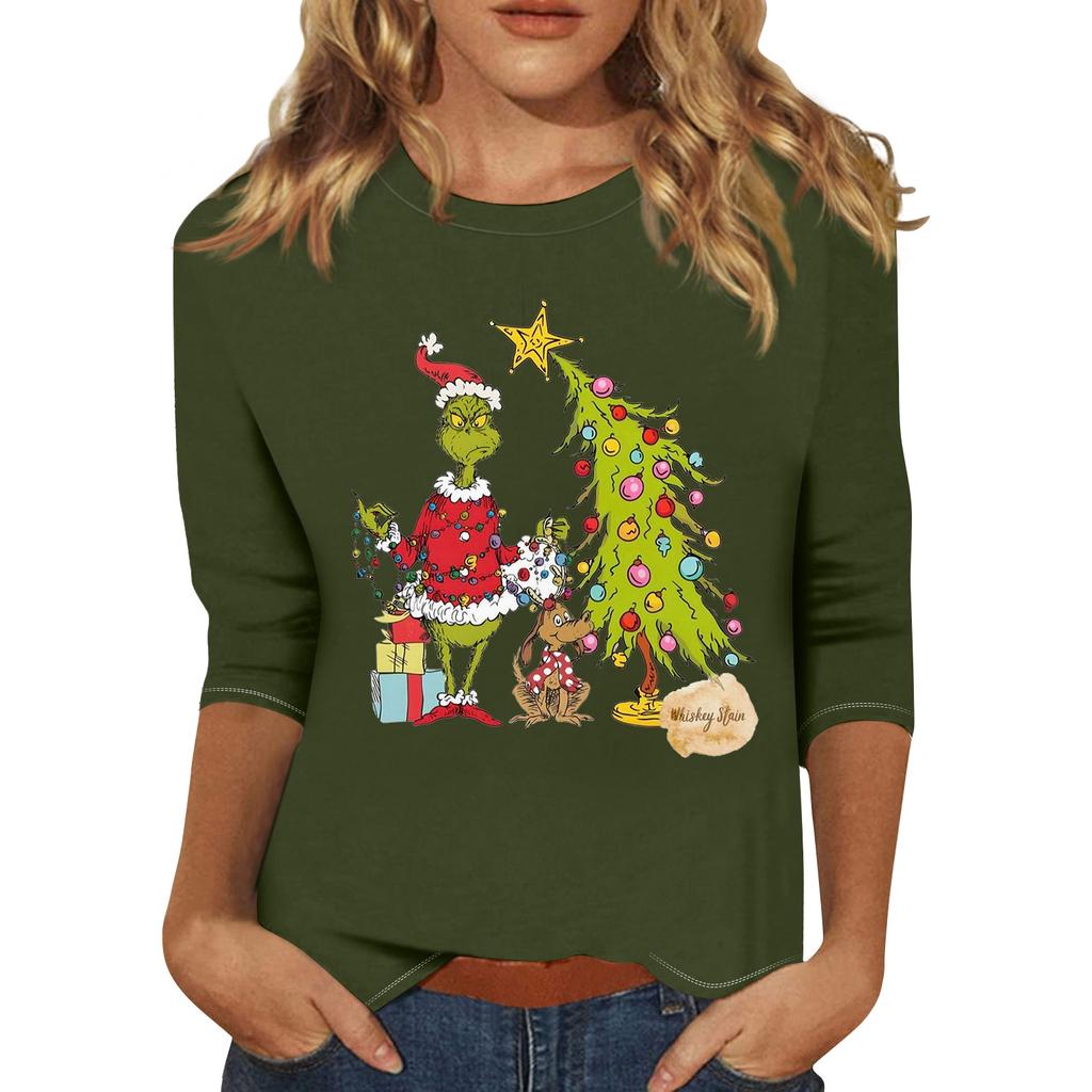 3/4 Sleeve Tops For Women T-Shirt Casual Christmas Print Tops T Shirt Round Neck Pullover Blouse