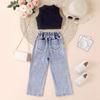 Mädchenmode-Set: Sommer Kinder Freizeit Einfarbig Ärmellos Pullover und Denim Hose Zweiteiliges Set