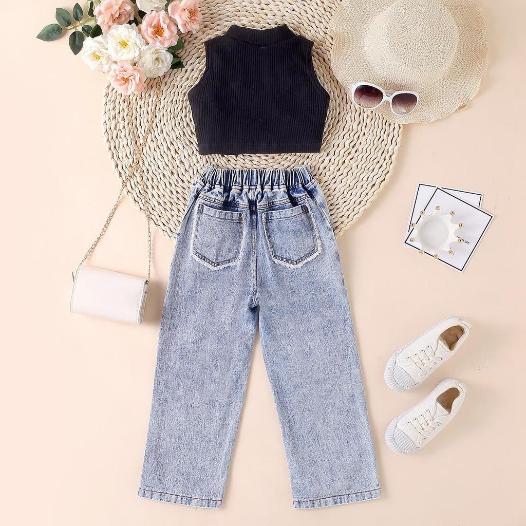 Mädchenmode-Set: Sommer Kinder Freizeit Einfarbig Ärmellos Pullover und Denim Hose Zweiteiliges Set