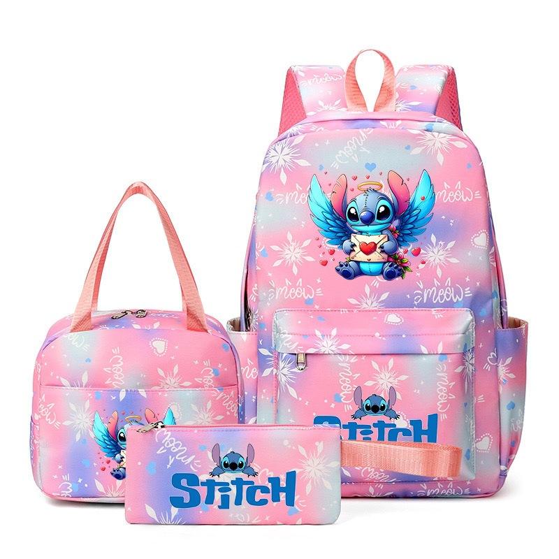 Stitch 3-teiliges Rucksack-Set für Jungen und Mädchen, Rucksack mit Campus-Cartoon-Print, Große Kapazität für Outdoor-Reisen